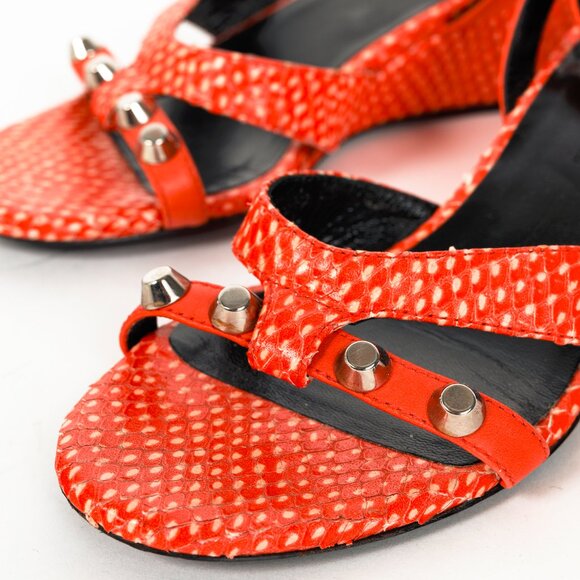 Balenciaga Orange Snakeskin-Embossed Studded Wedge Sandals - Picture 7 of 11